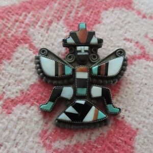 Vintage Sterling Silver Native American Zuni Inlay Coral Jet MOP Knifewing Pin
